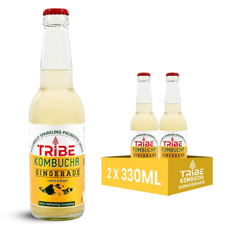 Tribe Kombucha Naturally Sparkling Herbal Tea | Probiotic Super Drink | Ginger & Lemon | Gut Friendly | Gluten free | Antioxidant and Hydration | Gingerade | Pack of 2 |330 ML