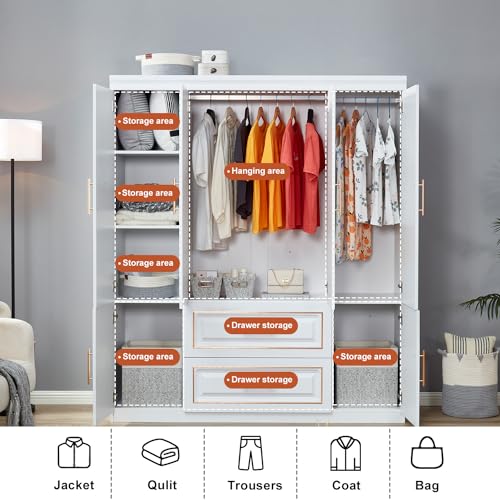 image for TrendTerrace 4-Door Armoire Wardrobe Closet, 2 Wooden Drawers Tall Cab