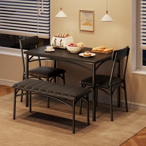 Garvee Dining Table Set for 4, Kitchen Table with Upholstered Bench and 2 Chairs, 4-Piece Wooden Dining Table Set for Apartment, Dining Room, Small Space, Black