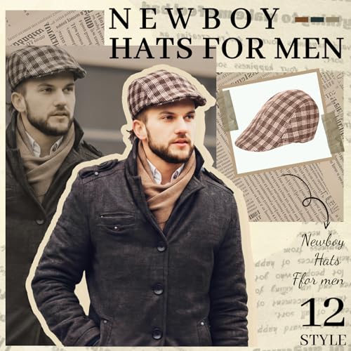 Image of Newcotte Newsboy Cap for Men Classic Herringbone Tweed Flat Cap Irish Beret Hat for Cabbie Driving Hunting