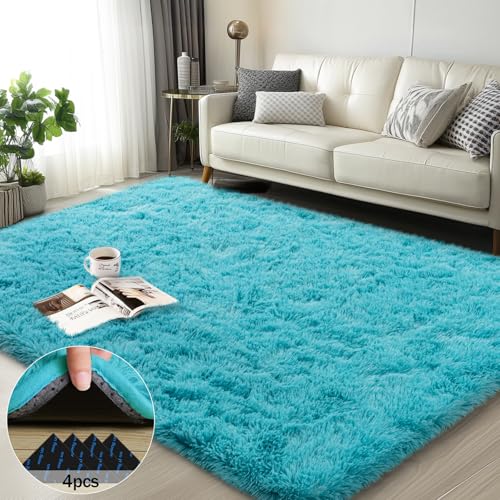 3x5 Rugs for Bedroom, Fluffy Area Rugs for Living Room, Soft Shag Kids Rug Small Carpet with 4 Non-Slip Rug Pads (Turquoise Blue, 3ft x 5ft)