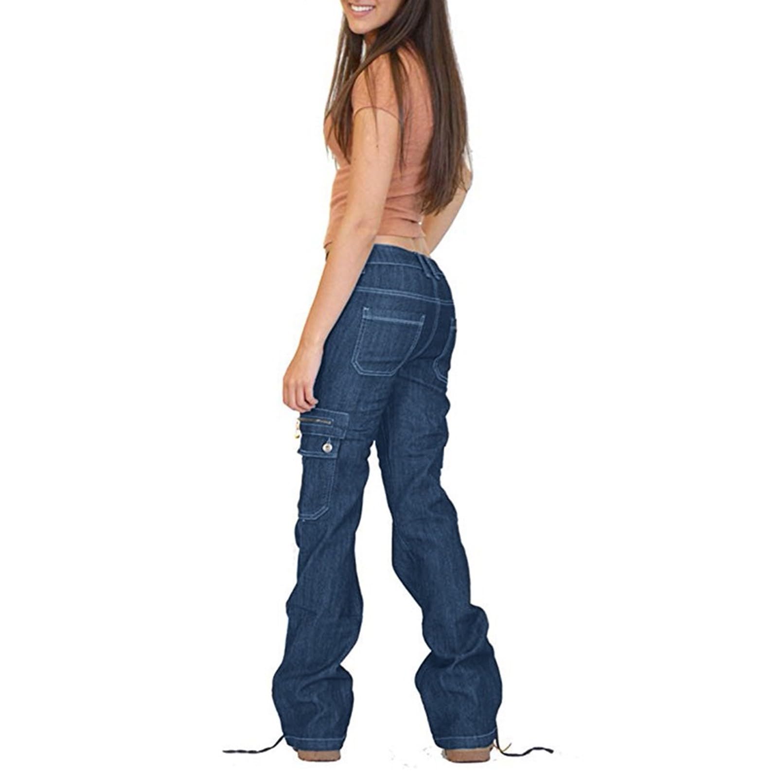 Jeans cargo de cintura baja y pierna ancha para mujer, pantalones casuales holgados de mezclilla acampanados
