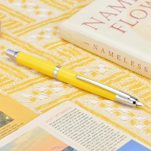 Image of GOLD LEAF Jinhao 20 Press Retractable Fountain Pen - Fine Nib with Converter - Plastic Body & Metal Clip - Multiple Colors - Smooth Writing Pen (No Ink Included) (Lemon Yellow (Silver Clip))