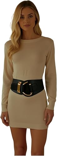 Miniatura 6 de TFJ - Cinturón ancho de moda para mujer con cintura alta hebilla de gancho de metal dorado talla XS S M L Xl