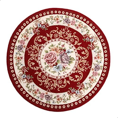 Tyrafry 4ft Floral Round Area Rug Classic Non-Slip Machine Washable Room Mat Durable Kitchen Rug Traditional Area Rug for Living Room, Red
