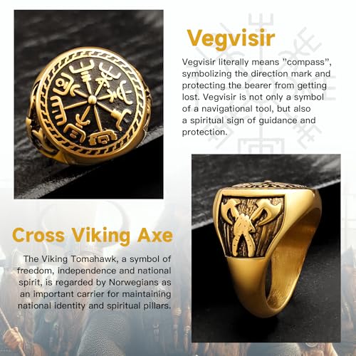 Nordic Battle Axe Ring Viking Vegvisir Pirate Compass Rings Stainless Steel/18K Gold Plated/Black Norse Symbol Vintage Jewelry for Men Women Send Gift Box3