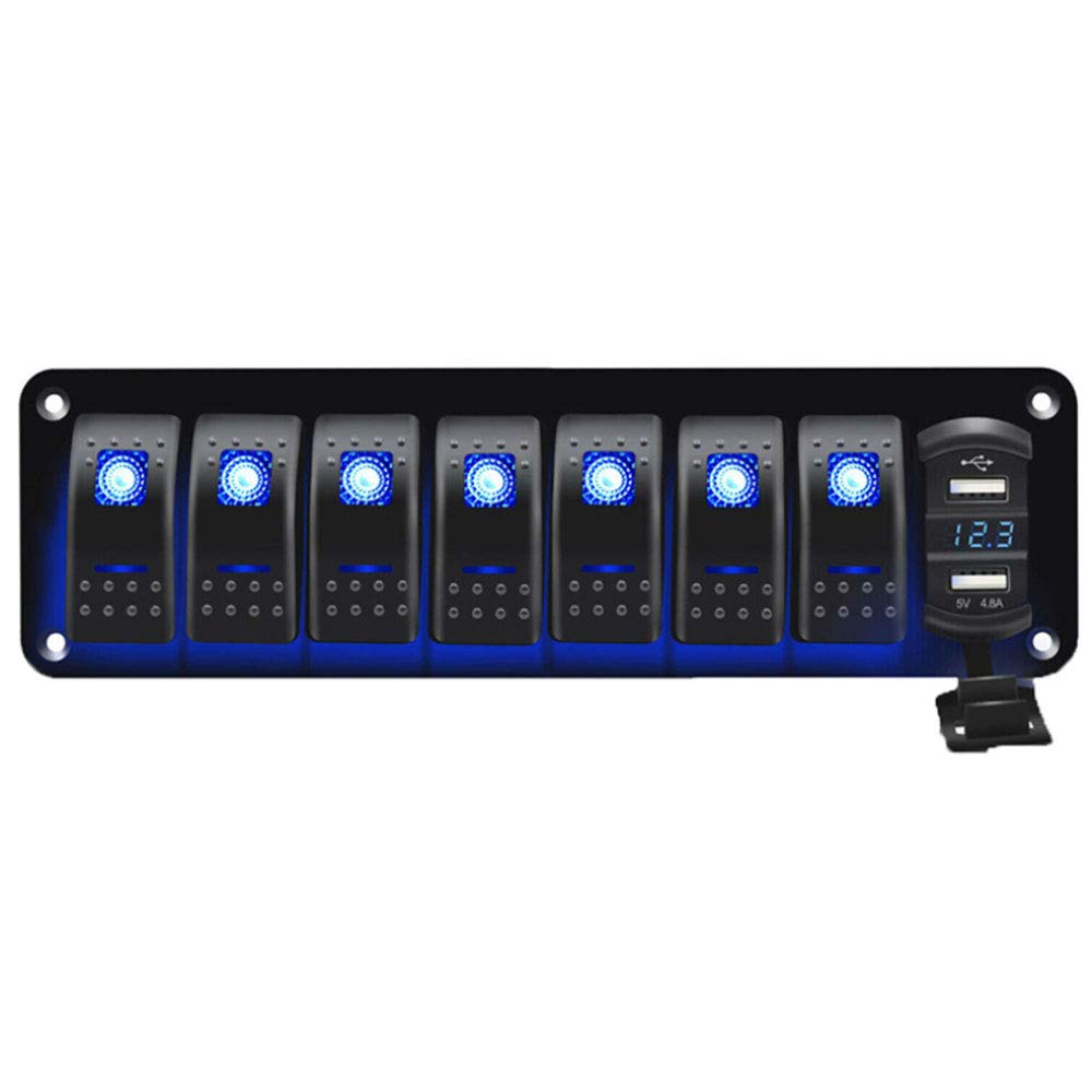 Riloer Panel de interruptor de combinación de 8 bandas, 12 V, 24 V, interruptor basculante cerrado impermeable con luz LED y pantalla de voltaje, cargador USB dual de 5 V 4,8 A