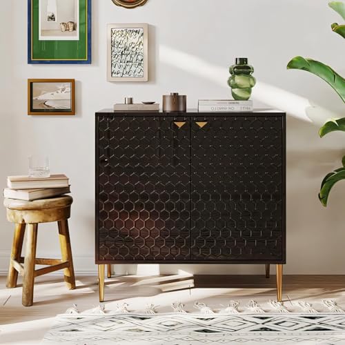 Image of Hexagon Pattern Wooden Sideboard Cabinet 2 Door Storage Unit with Metal Legs | Premium HDMR Wood Console Cabinet for Living Room, Kitchen & Dining | DIY Leg Assembly(Black)