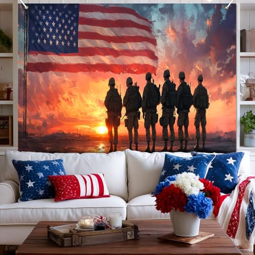 Image of Bliss Yard USA Patriotic Party Backdrop 8 x 6 Ft, American Flag Soldier Theme Banner, Independence Celebration Decor for Outdoor Yard Lawn Porch, Memorial Veterans Tribute Party Supplies