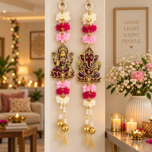 Image of Akaar Decor Lakshmi Ganesha Hanging for Door | Acrylic Festive Latkan with Flowers & Pearls | Diwali Pooja Room Entrance Decor | 16 Inch, Pack of 2