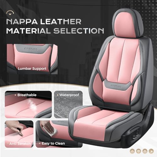Image of Coverado Seat Covers, Car Seat Covers Full Set, Leather Seat Covers for Cars, Car Seat Protector, Gray Car Seat Covers Front Seats and Back Seats Universal Fit for Most Cars Pink