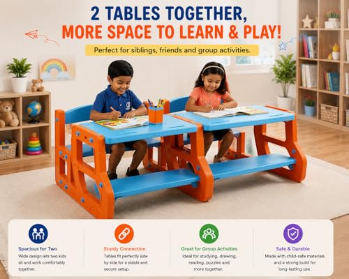 Image of eHomeKart Kids Double Seater Study Table & Bench Set of 2 | 90x75x58 cm | Set of Two School Senior with Backpack Storage | Children Activity Desk Chair for Boys & Girls | Age 3-10 Years (Two Bench)