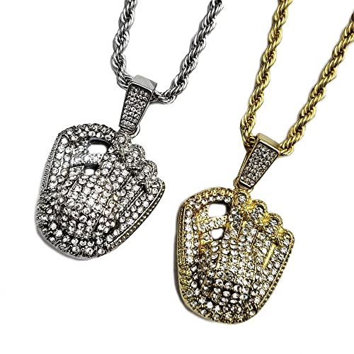 Iced Lab Diamond Gold Silver Plated Baseball Glove Pendant & 4mm 24