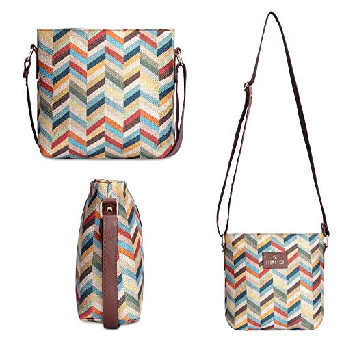 Image of THE CLOWNFISH Aahna Printed Handicraft Fabric Crossbody Sling bag for Women Casual Party Bag Purse with Adjustable Shoulder Strap for Ladies College Girls (Multicolour-Rainbow Design)