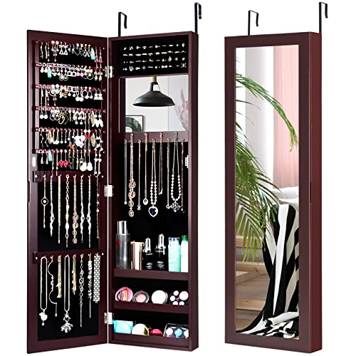 COSTWAY Full Length Mirror Jewelry Cabinet, Wall Door Mounted Jewelry Organizer with Makeup Mirror, Ring Slots and Necklace Hooks, Large Storage Jewelry Armoire for Bedroom, Dressing Room (Brown)