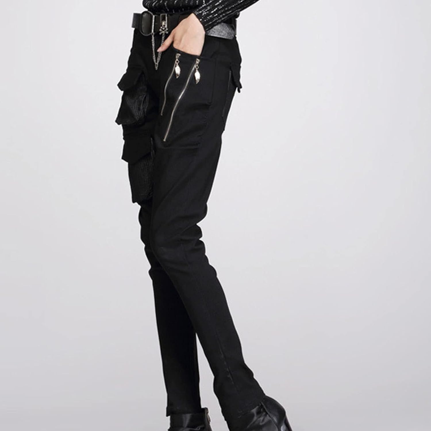 DGHM-JLMY Women's Street Pocket Zip Harem Pants Punk Street Style Pants Slim Fit Buckle Patchwork Zipper Pockets Trousers