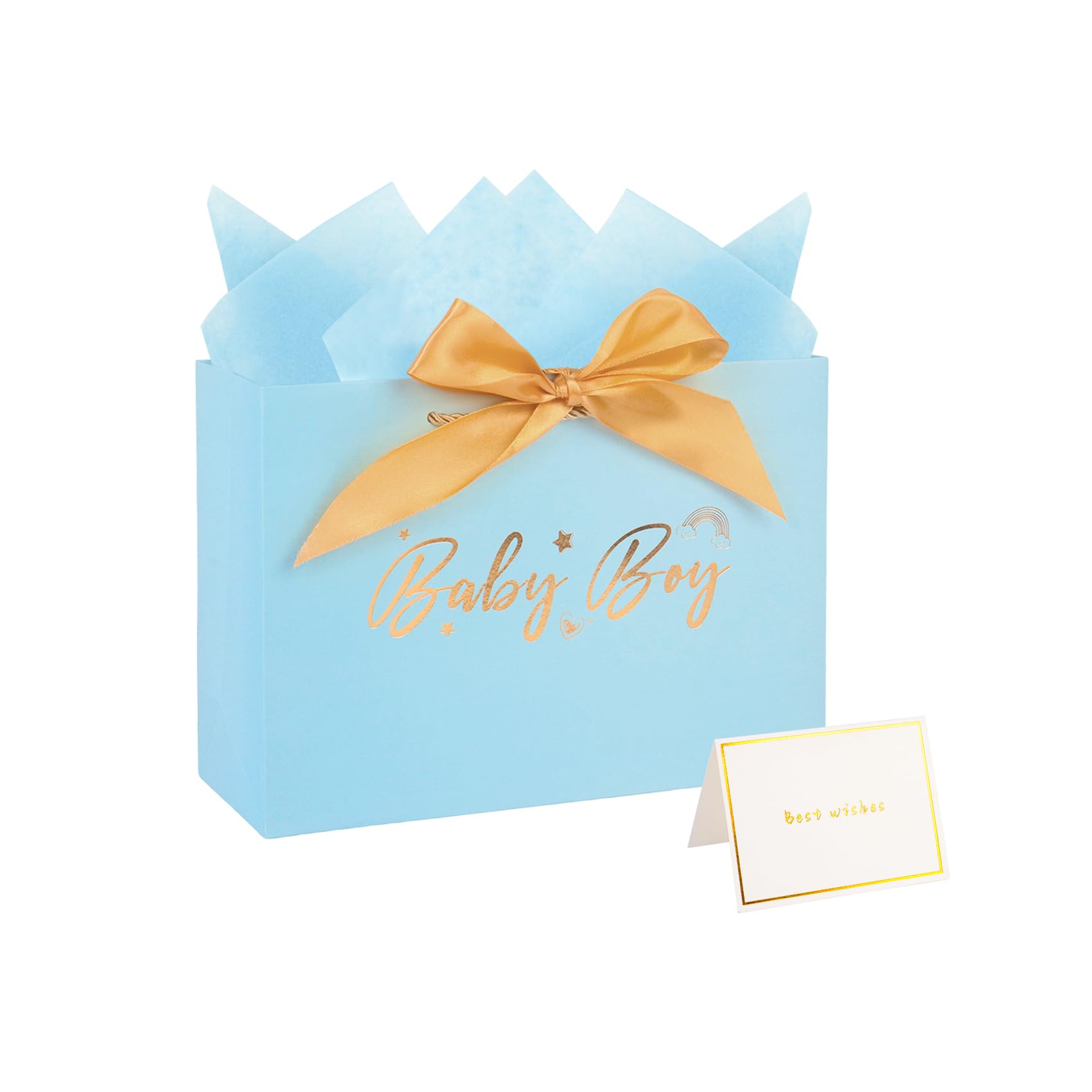 Baby Boy Gift Bag with Tissue Paper and Card, 28 × 20 × 10 cm Baby Gift Bag for Baby Shower Newborn Gifts