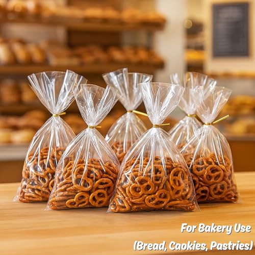 Image of Wowfit 50 CT 8x12 Inch Clear Flat Cellophane Treat Bags with 6 inch Gold Twist Ties, Cello Packaging for Mugs, Dessert, Muffins, Party Favors and Gift Wrapping