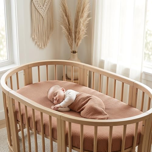 Image of 100% Muslin Cotton Baby Bassinet Sheets for Baby Boy Girls,4-Pack Fitted Bassinet Sheets Set Compatible with Halo Bassinest Swivel Sleeper,Baby Delight,Angelbliss,32 inchX16 inch (Leaf Series)