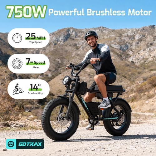 Gotrax R7 Electric Bike for Adults, 750W Motor, 25mph, Max 45-Mile Range, 20″ Fat Tire, UL Certified, 48V Removable Battery, Oversized Padded Seat, Basket&Frame Bag, Easy Assembly for City&All-Terrain