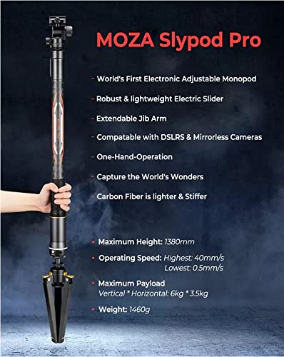 Moza Slypod Pro Motorized Monopod Camera Slider Made Of Carbon Fiber, Vertical Payload 13Lb,Extendable To 54.3 In With Pan And Tilt Head & Tripod For Dslr Camera,Or Use With Stabilizer #TOP1