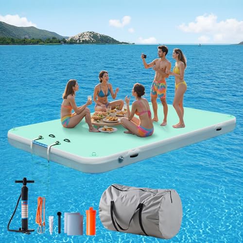 Albott Inflatable Floating Dock, 10x6 Ft with Portable Carry Bag and Ladder, Heavy-Duty Non-Slip Surface Water Platform, Floating Platform Supports 5-6 People, 1000 Lbs, Green
