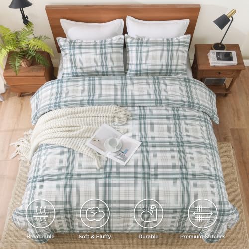 Image of Andency Blue Plaid Comforter Set Full(79x90 Inch), Gingham Checkered Grid Stripes Bedding Comforter Sets for Boys Girls Kids, 3 Pieces Preppy Geometric Line Soft Lightweight Reversible Bed Set as Gift