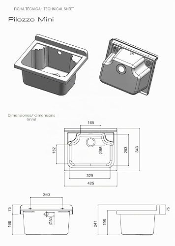 Miniatura 5 de Negrari Lavabo Pilozzo De Pared De Resina, Resistente A Los Ácidos De Uso Común, Resistente A La Humedad, Kit De Desagüe Incluido, Interior Y Exterior, 42 X 34 X 21 Cm, Blanco