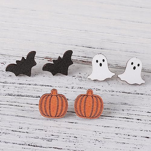 Pack of 3 Pairs Halloween Earrings for Women Pumpkin Ghost Bat Stud Earrings Halloween Eve Party Lightweight Wood Earrings Set Jewelry4