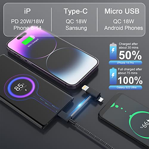 PD 60W USB C Multi Fast Charging Cable, 5-in-1 Nylon Braided Cord 6FT 3A USB A/C to Type C/Micro USB/iPhone Fast Sync Charger Adapter Compatible with iPhone, iPad, Android Smartphones and More