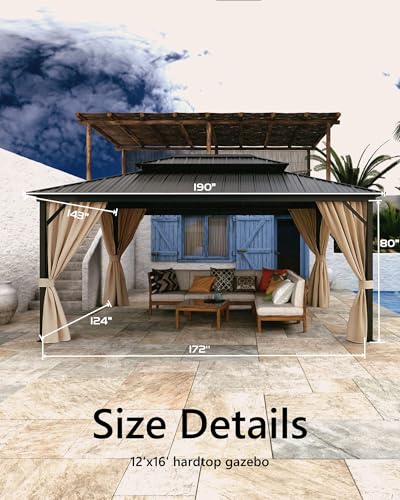Hardtop Gazebo 12'x16' for All Weather, with Double Metal Roof, Aluminum Alloy Frame, Net, and Curtain, Permanent Building for Patio, Deck, Backyard, Lawn, and Garden, Khaki