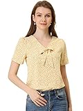Allegra K Women's Bow Tie V Neck Short Sleeve Patterns Top Straight Loose Breathable Printed Blouse Yellow Small