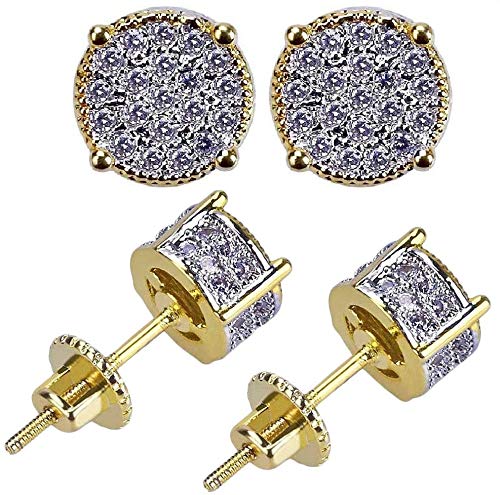 G·PEHHip Hop Earring, 18k Bling Bling Gold Plated Silver Screw Back Stud Round Earrings for Men and Women