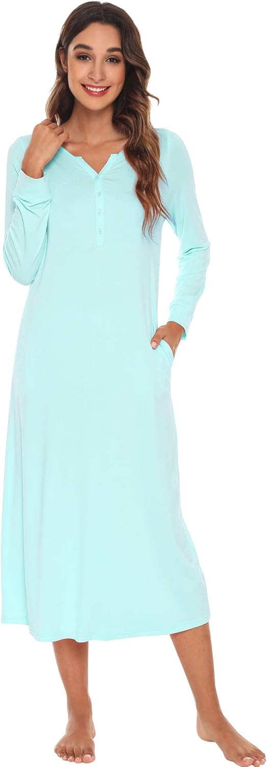WiWi Nightgowns for Women Super Soft Sleepwear Long Sleeve V Neck Nightshirts Viscose from Bamboo Cooling Nightdress S-XXL