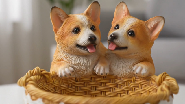 Figura de resina Corgi en canasta para decoración miniatura 7