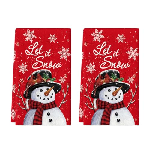 Artoid Mode Red Snowman Let It Snow Winter Kitchen Towels Dish Towels, 18x26 Inch Seasonal Christmas Decoration Hand Towels Set of 2