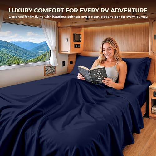 Image of SGI bedding 100% Egyptian Cotton Sheets RV King Size - 600 Thread Count Sheets Set, Soft, Cooling, 15 inch Deep Pocket, Luxury Hotel Bedding, Breathable, Durable - Navy Blue