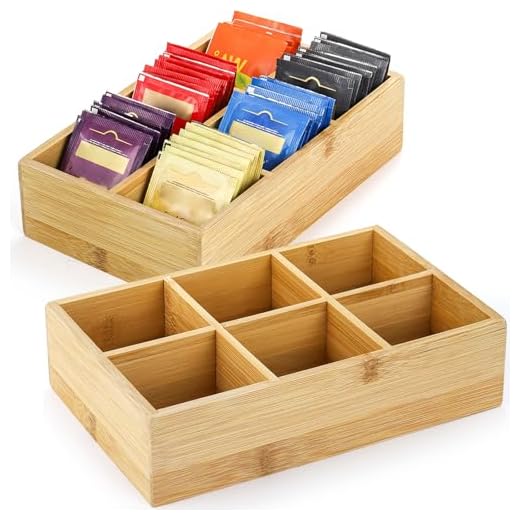 Dicunoy 2 Pack Bamboo Tea Bag Organizer, Wood Hot Tea Bag Drawer Storage Organizer Holder with 6 Compartments, Tea Chest Box for Coffee Station, Sugar Packet, Sweeteners, Small Packets