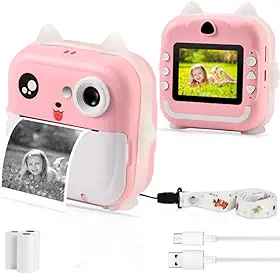 Câmera Infantil com Impressão Instantânea Câmera Digital Infantil com Tela Fotos e Vídeos Bateria Recarregável Acessórios Brinquedo Educativo para Crianças (Rosa)