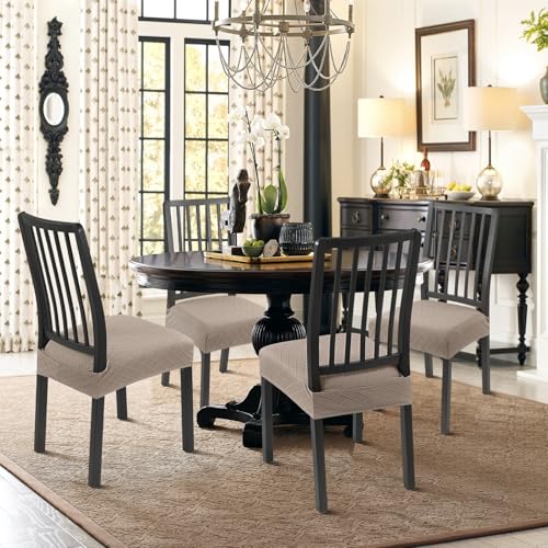 Image of SearchI Stretch Dining Chair Seat Covers Set of 2, Soft Removable Washable Seat Covers for Dining Chairs, Dining Room Seat Cover Protector (Rear-Covered, Check Jacquard Khaki)