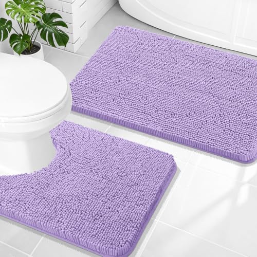 Image of OLANLY Bathroom Rugs Sets 2 Piece, Soft Absorbent Chenille Bath Mats and U-Shaped Contour Toilet Mat Area Rug Set, Machine Washable Bath Carpet, Home Decor Accessories(30 inchx20 inch+24 inchx20 inch, Lavender)