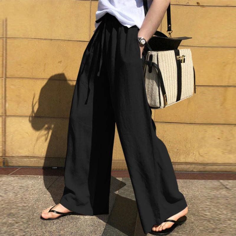 Akivide Wide Leg Linen Pants for Women High Waist Drawstring Summer Beach Casual Loose Cotton Palazzo Pants Pockets2