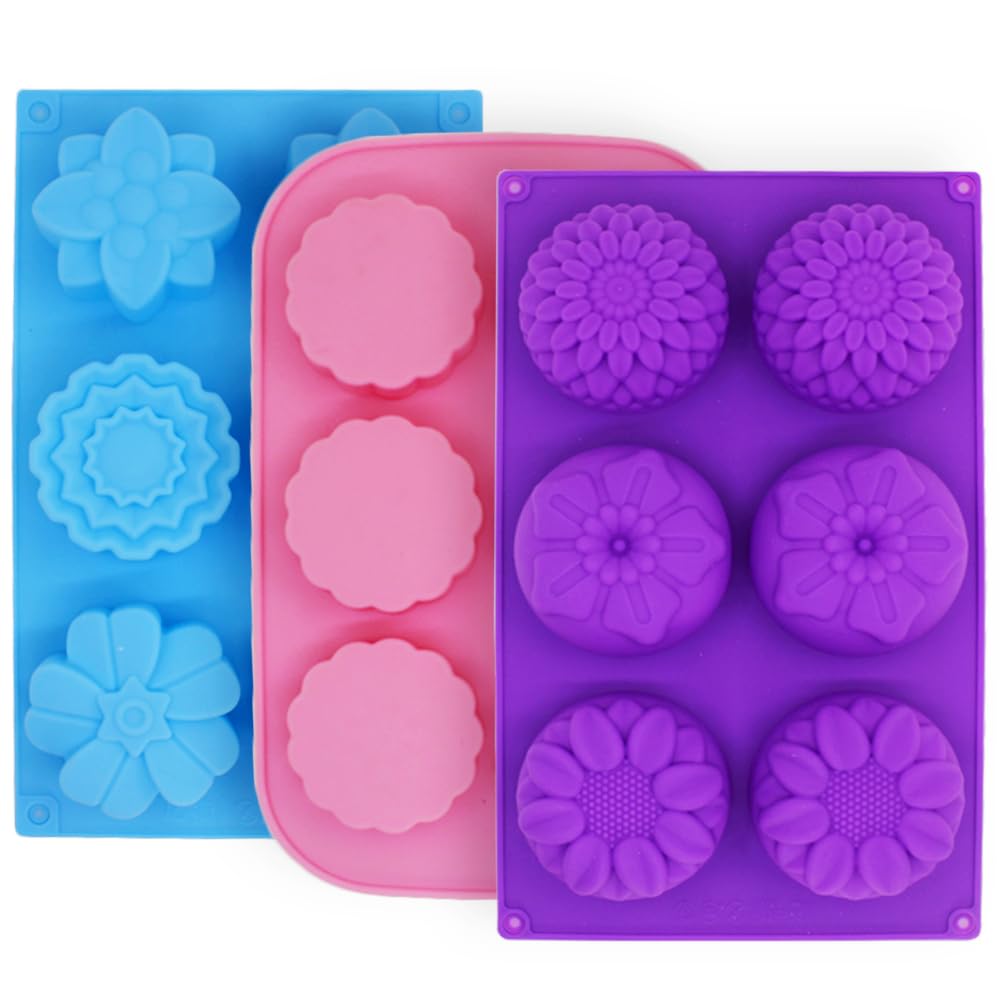 3 Pcs Flower-Shaped Mooncake Molds, FineGood Mini Muffin Silicone Molds Cake Pan Siliocne Baking Mold for Jelly Pudding Cookies DIY Handmade Soap - Purple, Blue, Pink