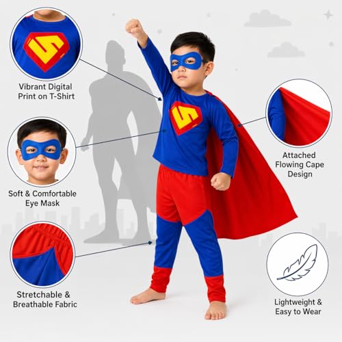 Image of Raj Costume Boys Superhero Costume Set with Mask | Blue Red Full Sleeve T-Shirt & Track Pants | Kids Fancy Dress for Birthday Party, School Function|Stretchable Comfortable