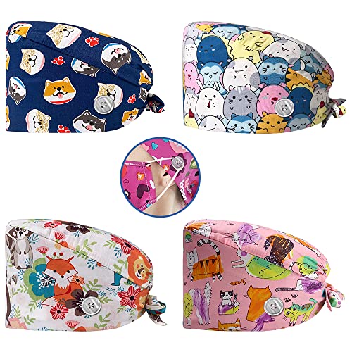 VIAOLI 4 Pieces Breathable Working Hat with Button & Sweatband Surgical Scrub Hats Nursing Head Covers for Women Men (12212-12309-12315-12298)