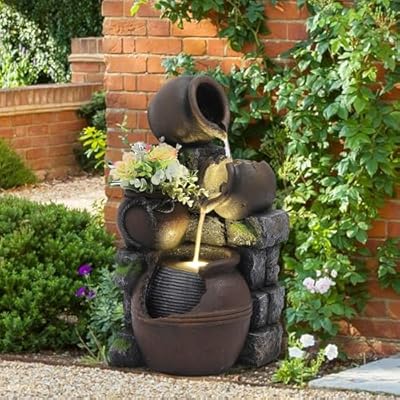 TITIMO Outdoor Water Fountain with Flower Pot and Lights - Cascading Pitchers Farmhouse Fountains and Waterfalls, Garden Fountain Outdoor Patio Decor, Waterfall Fountain Indoor and Outdoor