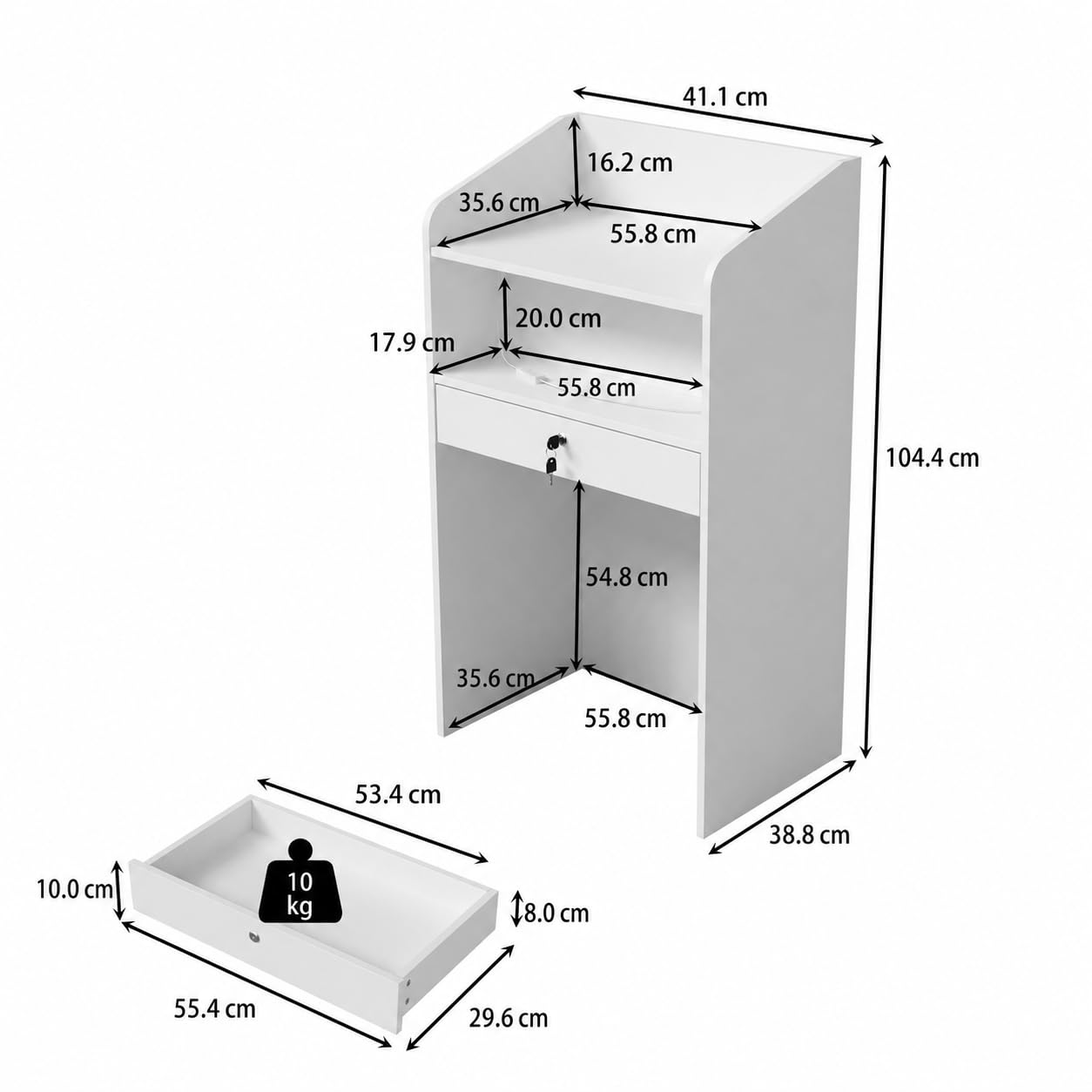 Kleine Empfangstheke mit Abschließbarer Schublade, Rezeptionstheke mit Stauraum, Kassentisch für Salon, Büro, Geschäft, Praxis und Empfangsbereich, Weiß, 58,9 × 38,8 × 104,4 cm