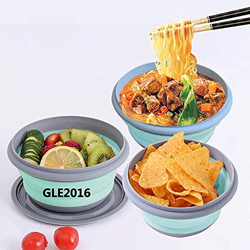 Gle2016 3 Pcs Food Grade Silicone Collapsible Bowl Lunch Box - Expandable Food Storage Containers Set -Silicone Salad Bowl With Lid Portable (Blue) #TOP4