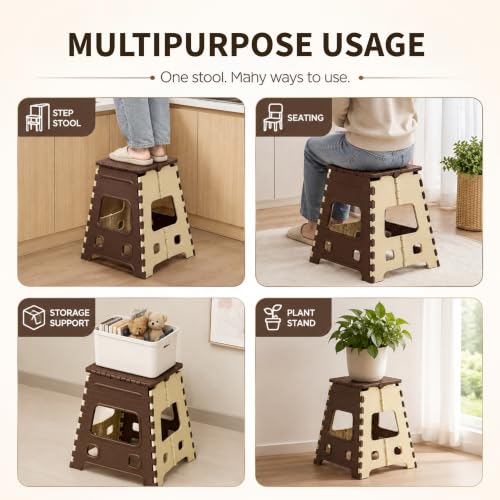 Image of 18 Inches Folding Step Stool for Adults & Kids | Strong Portable Stool for Kitchen, Garden & Travel | Foldable Stool for Travel | Lightweight Folding Stool (Brown & Beige)