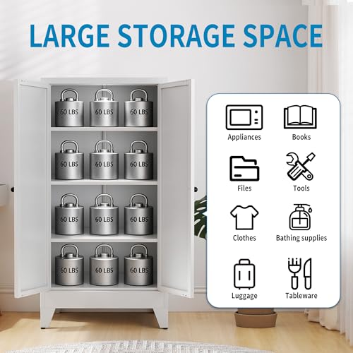 Image of 48 inch H White Steel Pantry Storage Cabinet with 3 Adjustable Shelves, 4-Tier Tall Metal Cabinets for Kitchen, Living Room, Garage, Heavy Duty Freestanding Utility Cabinet, Assembly Required